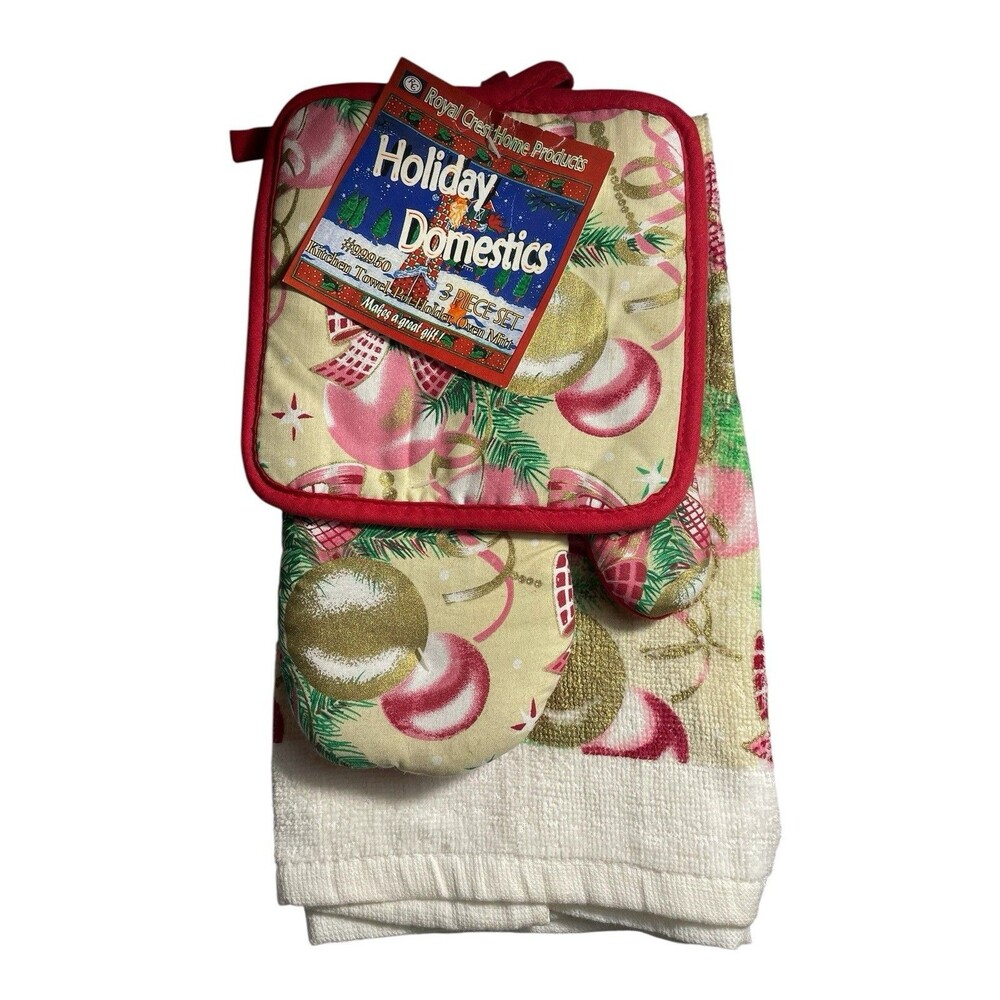 Vintage Christmas Kitchen Towel Mitt Potholder 3pc Set Pink Gold Shiny Ornaments